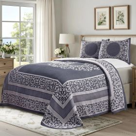 Lightweight Cotton Bedspread Set 3-Piece Lyron Floral Scroll Jacquard (Color: Denim Blue, size: Queen)