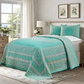 Lightweight Cotton Bedspread Set 3-Piece Lyron Floral Scroll Jacquard (Color: Turquoise, size: Queen)