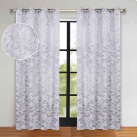 Blackout Curtains Leaves Pattern Room Darkening Grommet 2 Panels (Color: Silver, size: 52" x 96")
