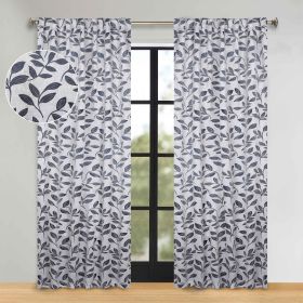 Leaves Room Darkening Back Tabs Blackout Curtain Panels, Set of 2 (Color: White/Navy Blue, size: 52" x 96")