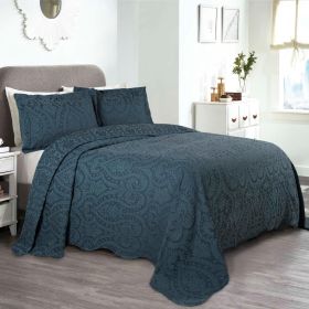 Lightweight Cotton Blend Bedspread Set 3-Piece Aspen Jacquard Floral Scalloped Edge (Color: Deep Sea, size: King)