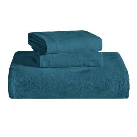 Florin Cotton Matelasse Weave Jacquard Scroll Medallion Bedspread Set (Color: Deep Sea, size: Queen)