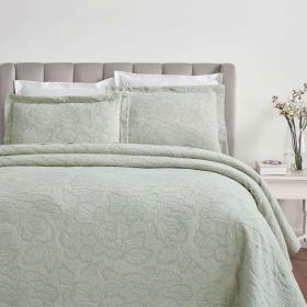 Cotton Bedspread Sets 3-Piece Hibiscus Floral Jacquard Matelassé (Color: Sage, size: King)