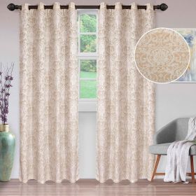 Lotus Jacquard Floral Damask Semi Sheer Curtain Panel Set (Color: Linen, size: 52" x 108")
