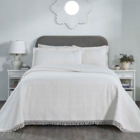Lightweight Cotton Bedspread Set 3-Piece Remi Geometric Fringe Jacquard (Color: White, size: Queen)