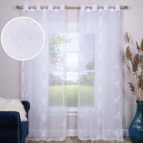 Traditional Embroidered Damask Sheer Grommet Curtain Panel Set (Color: White, size: 52" x 108")