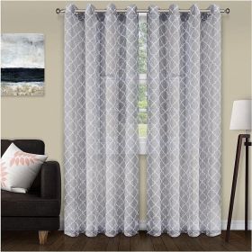 Geometric Trellis Lattice Sheer Grommet Curtain Panel Set (Color: Grey, size: 52" x 108")