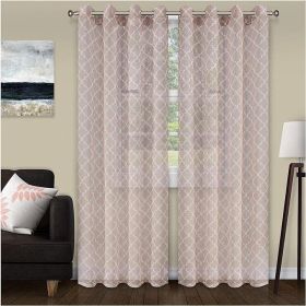 Geometric Trellis Lattice Sheer Grommet Curtain Panel Set (Color: Champagne, size: 52" X 84")