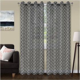 Geometric Trellis Lattice Sheer Grommet Curtain Panel Set (Color: Black, size: 52" X 84")