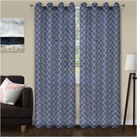 Geometric Trellis Lattice Sheer Grommet Curtain Panel Set (Color: Blue, size: 52" X 84")