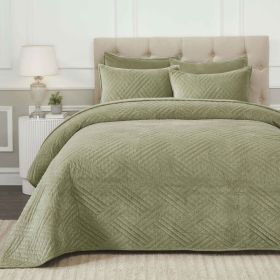 Karina Cotton Velvet Lightweight Geometric Quilt and Pillow Sham Set (Color: Sage, size: King)