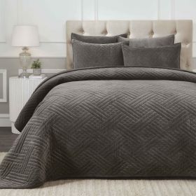 Karina Cotton Velvet Lightweight Geometric Quilt and Pillow Sham Set (Color: Grey, size: Queen)