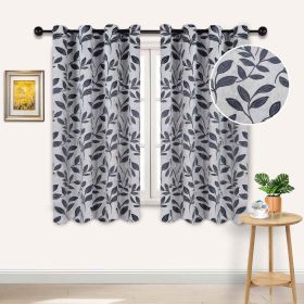 Leaves Machine Washable Room Darkening Blackout Curtains, Set of 2 (Color: White Navy Blue, size: 42" X 63")
