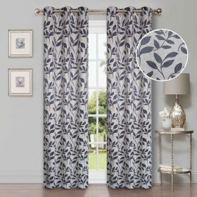 Leaves Machine Washable Room Darkening Blackout Curtains, Set of 2 (Color: White Navy Blue, size: 42" X 96")