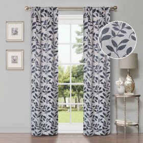 Leaves Machine Washable Room Darkening Blackout Curtains, Set of 2 (Color: White Navy Blue, size: 26" X 84")