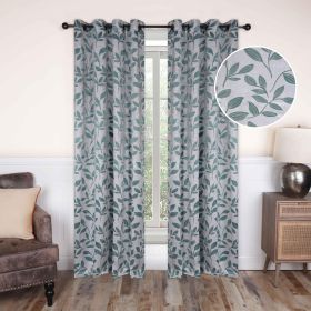 Leaves Machine Washable Room Darkening Blackout Curtains, Set of 2 (Color: Teal, size: 52" X 84")