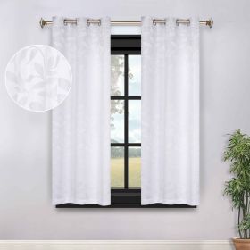 Blackout Curtains Leaves Pattern Room Darkening Grommet 2 Panels (Color: White, size: 52" x 63")