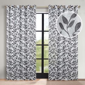 Blackout Curtains Leaves Pattern Room Darkening Grommet 2 Panels (Color: Silver/Black, size: 70" x 84")