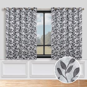 Blackout Curtains Leaves Pattern Room Darkening Grommet 2 Panels (Color: Silver/Black, size: 70" x 63")