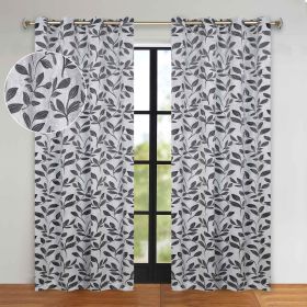 Blackout Curtains Leaves Pattern Room Darkening Grommet 2 Panels (Color: Silver/Black, size: 52" x 108")