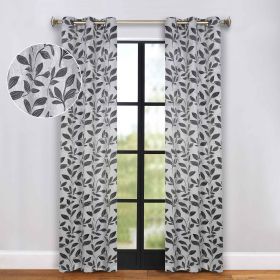 Blackout Curtains Leaves Pattern Room Darkening Grommet 2 Panels (Color: Silver/Black, size: 42" X 96")