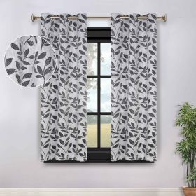 Blackout Curtains Leaves Pattern Room Darkening Grommet 2 Panels (Color: Silver/Black, size: 52" x 63")