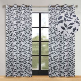 Leaves Room Darkening Washable Blackout Curtain Panels, Set of 2 (Color: White Navy Blue, size: 70" x 96")