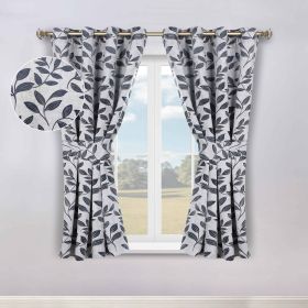 Blackout Window Curtains Leaves Pattern Room Darkening Set of 2 (Color: White Navy Blue, size: 46" x 63")