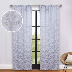 Leaves Washable Room Darkening Blackout Curtain Panels, Set of 2 (Color: Silver, size: 26" X 84")