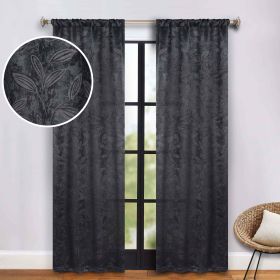 Leaves Washable Room Darkening Blackout Curtain Panels, Set of 2 (Color: Black, size: 26" X 84")