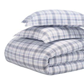 100% Cotton Flannel Plaid Farmhouse Duvet Cover Set (Color: Blue, size: Twin)