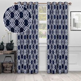 Ribbon Trellis Washable Room Darkening Blackout Curtains, Set of 2 (Color: Navy Blue, size: 52" x 108")