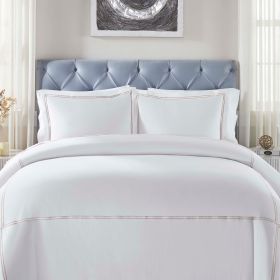 100% Cotton Two-Line Embroidered Duvet Cover Set (Color: White/Taupe, size: Full/Queen)