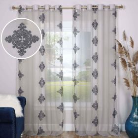 Traditional Embroidered Damask Sheer Grommet Curtain Panel Set (Color: Charcoal, size: 52" x 108")