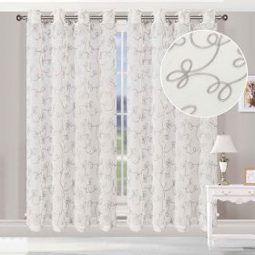 Traditional Embroidered Scroll Sheer Grommet Curtain Panel Set (Color: Grey, size: 52" x 108")