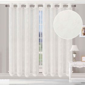 Traditional Embroidered Scroll Sheer Grommet Curtain Panel Set (Color: Ivory, size: 42" X 96")